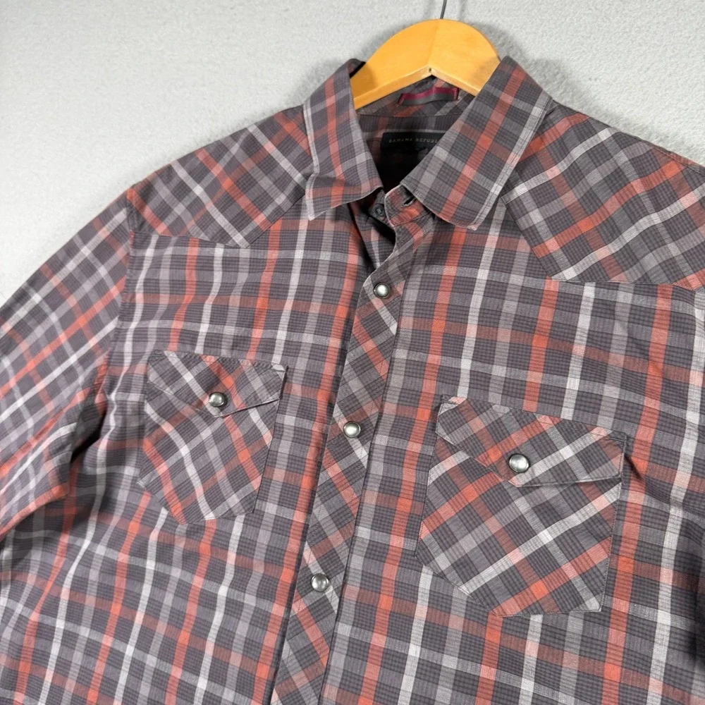 Banana Republic Mens Grey Red Plaid Western Pearl Snap Long Sleeve Shirt Stretch